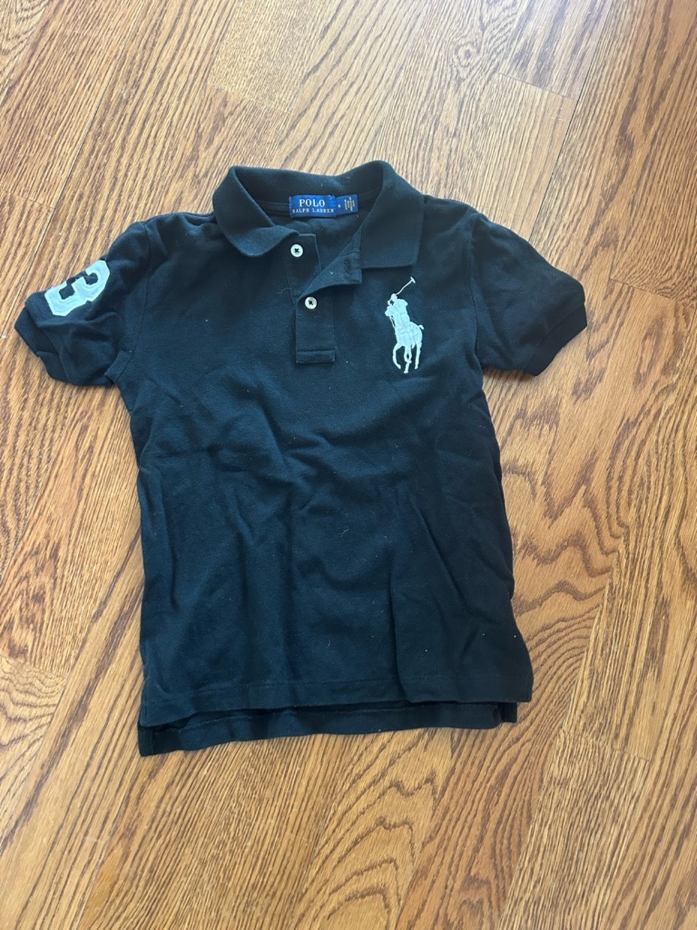 Polo by Ralph Lauren Black Short Sleeve Boys Polo with White Logo- Size 6